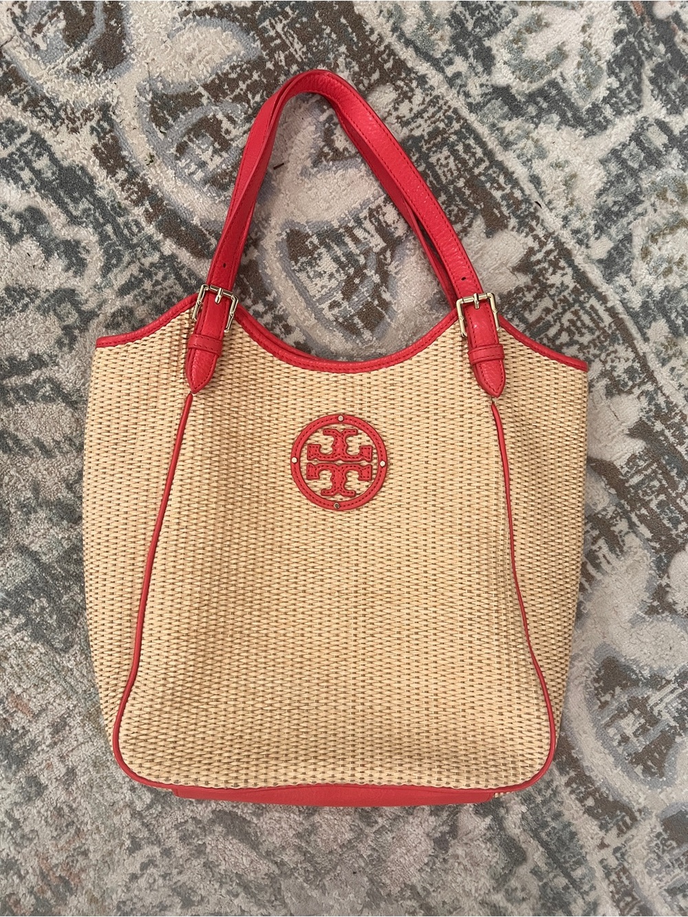Tory Burch Raffia Straw Tote with Poppy Red Leather Trim - Picture 1 of 11